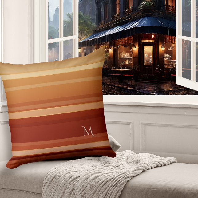 Elegantes Burgundy Cream Striping Muster Pillow Kissen (Pillow featuring an elegant striped pattern in warm burgundy, coffee and creamy chocolate colors)