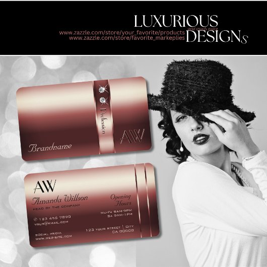 Elegantes Burgundy Dekor Schimmery Diamonds Monogr Visitenkarte