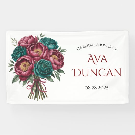Elegantes Burgundy & Emerald Peony Brautparty Banner (Horizontal)