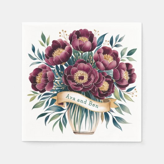 Elegantes Burgundy & Emerald Peony mit Goldakzent Serviette (Vorderseite)