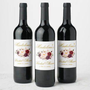 Elegantes Burgundy Floral Brautparty Weinetikett