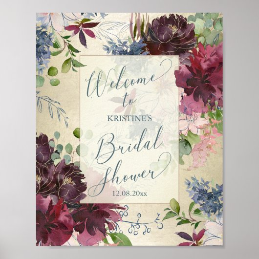 Elegantes Burgundy Floral Brautparty Willkommen Poster (Vorne)