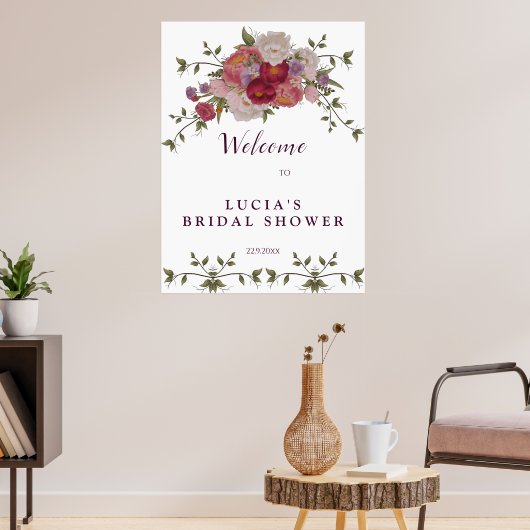 Elegantes Burgundy Floral Brautparty Willkommen Poster (Wohnzimmer 3)