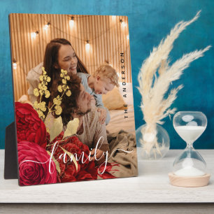 Elegantes Burgundy Floral Family Script Foto Fotoplatte