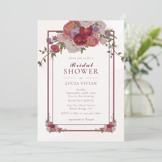 Elegantes Burgundy Floral Frame Brautparty Einladung (Stehend Vorderseite)