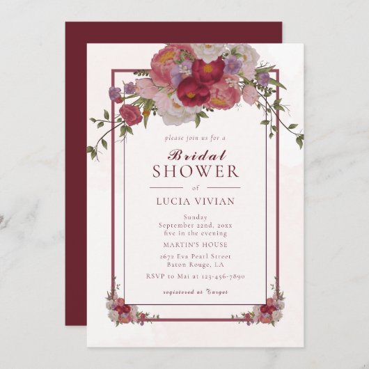 Elegantes Burgundy Floral Frame Brautparty Einladung (Vorne/Hinten)