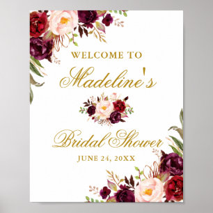 Elegantes Burgundy Floral Gold Brautparty Poster