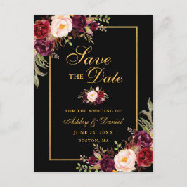 Elegantes Burgundy Floral Save the Date Black Gold Ankündigungspostkarte