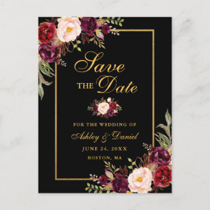 Elegantes Burgundy Floral Save the Date Black Gold Ankündigungspostkarte