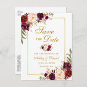Elegantes Burgundy Floral Save the Date Gold Ankündigungspostkarte (Vorne/Hinten)