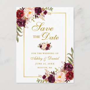Elegantes Burgundy Floral Save the Date Gold Ankündigungspostkarte