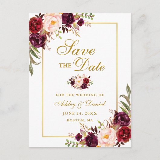 Elegantes Burgundy Floral Save the Date Gold Ankündigungspostkarte (Vorderseite)