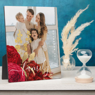 Elegantes Burgundy Floral Script Family Foto Fotoplatte