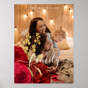 Elegantes Burgundy Floral Script Family Foto Poster