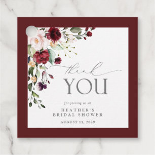 Elegantes Burgundy Floral Watercolor Brautparty Geschenkanhänger
