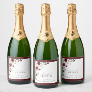 Elegantes Burgundy Floral Watercolor Brautparty Schaumweinetikett
