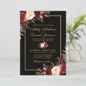 Elegantes Burgundy Floral Wedding Black Gold Foto Einladung (Stehend Vorderseite)