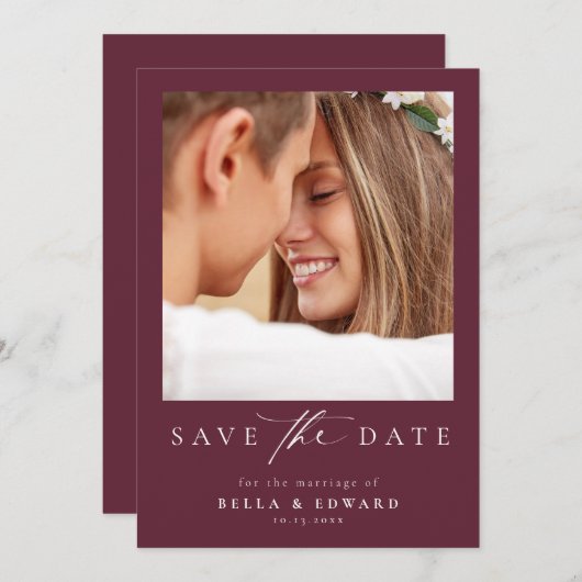 Elegantes Burgundy Foto Hochzeit speichern das Dat Save The Date (Vorne/Hinten)