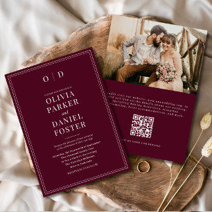 Elegantes Burgundy Foto QR Code Wedding Einladung