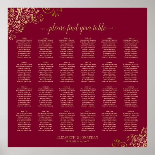 Elegantes Burgundy & Gold 24 Table Seating Chart Poster (Vorne)