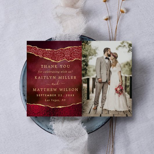 Elegantes Burgundy & Gold Agate Wedding Foto Dankeskarte