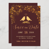 Elegantes Burgundy & Gold Birds Blumenmuster Save The Date (Vorne/Hinten)