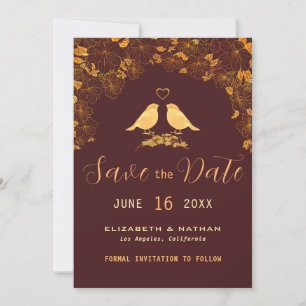 Elegantes Burgundy & Gold Birds Blumenmuster Save The Date