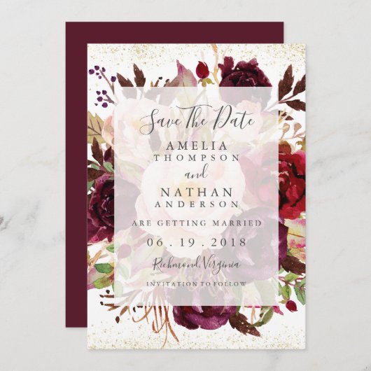 Elegantes Burgundy Gold Bloom Save the Date Einladung (Vorne/Hinten)