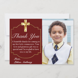 Elegantes Burgundy Gold Cross 1. Kommunion Dankeskarte