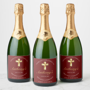 Elegantes Burgundy Gold Cross 1. Kommunion Schaumweinetikett