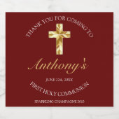 Elegantes Burgundy Gold Cross 1. Kommunion Schaumweinetikett (Einzelnes Label)