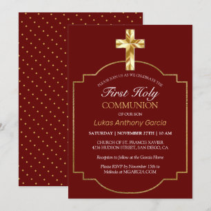 Elegantes Burgundy Gold Cross Erste Kommune Einladung