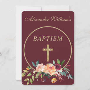 Elegantes Burgundy Gold Floral Baby Christening Einladung