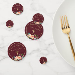 Elegantes Burgundy Gold Floral Baby Christening Konfetti