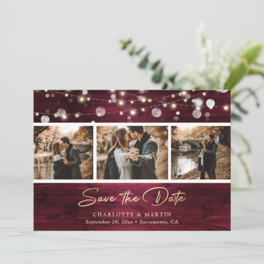 Elegantes Burgundy Gold Foil Wood Wedding Foto Save The Date (Stehend Vorderseite)