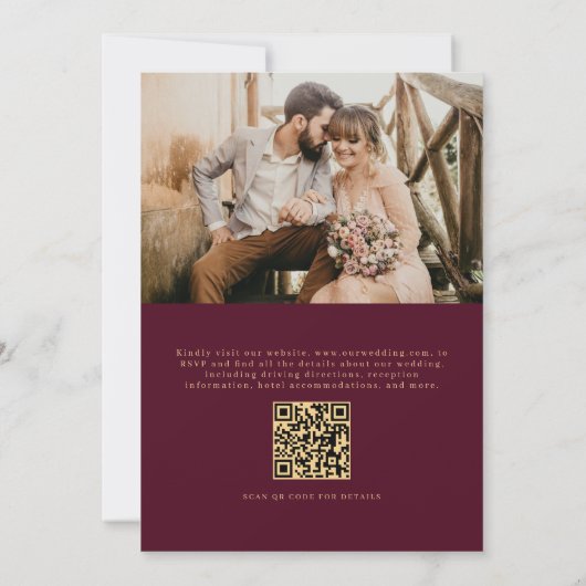Elegantes Burgundy Gold Foto QR Code Wedding Einladung (Rückseite)