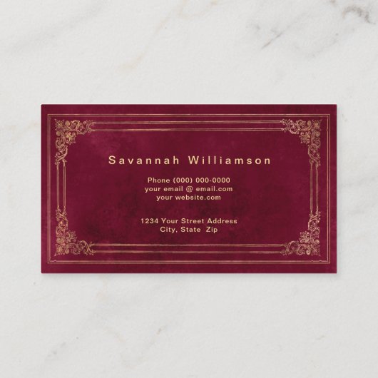 Elegantes Burgundy Gold individuell anpassbar Visitenkarte (Rückseite)