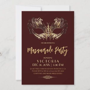 Elegantes Burgundy Gold Masquerade Party Geburtsta Einladung