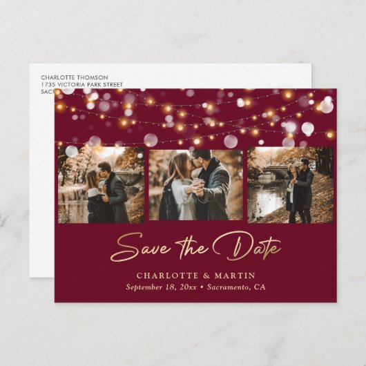 Elegantes Burgundy Gold Wedding Foto Save the Date Ankündigungspostkarte (Vorne/Hinten)