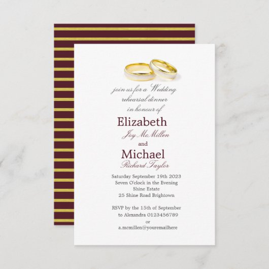 Elegantes Burgundy Gold Wedding Probe Dinner Einladung (Vorne/Hinten)