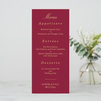 Elegantes Burgundy Golden Beige Wedding Menu Menükarte