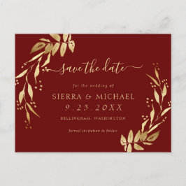 Elegantes Burgundy Golden Foliage Save the Date Ankündigungspostkarte