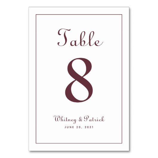 Elegantes Burgundy Hochzeitstisch Tischnummer (Rückseite)
