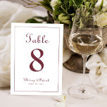 Elegantes Burgundy Hochzeitstisch Tischnummer<br><div class="desc">Das Design des Party für Hochzeiten-Tischnummern besticht durch eine klassische Eleganz mit zeitgenössischem Bordeaux auf einem knalligen, weißen Hintergrund. Personalisieren Sie das Hochzeitstisch-Design mit Ihrem Namen, Hochzeitsdatum und Tischnummer in trendiger Schrift und Schrift. Die Rückseite der Karte ist ein Duplikat der Vorderseite. Befolgen Sie unsere einfach zu bedienende moderne Vorlage,...</div>