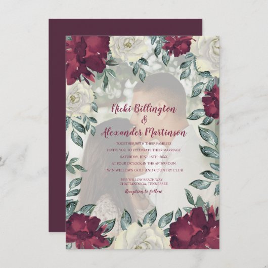 Elegantes Burgundy Ivory Cream Floral Wedding Foto Einladung (Vorne/Hinten)