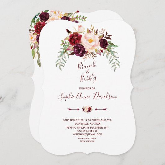 Elegantes Burgundy Marsala Floral Brunch & Bubbly Einladung (Vorne/Hinten)