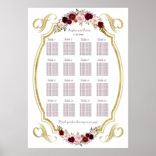 Elegantes Burgundy Marsala Floral Fall Seating Cha Poster (Vorne)