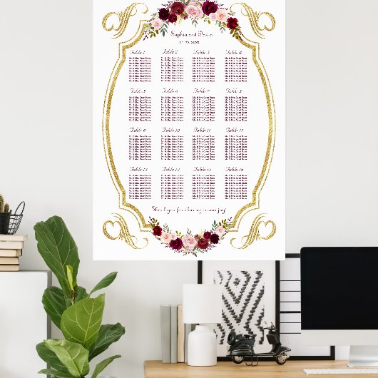 Elegantes Burgundy Marsala Floral Fall Seating Cha Poster (Heimbüro)