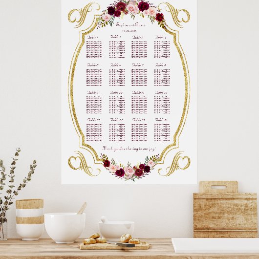 Elegantes Burgundy Marsala Floral Fall Seating Cha Poster (Küche)