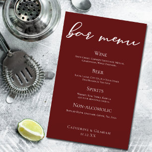 Elegantes Burgundy Minimalistisch Wedding Bar Menu